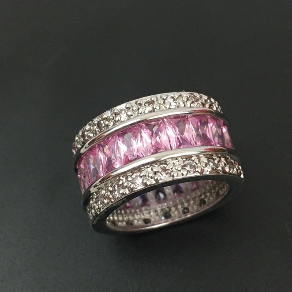 Baguette Paved Ring Pink Silver Size 6 - Picture 14 of 14